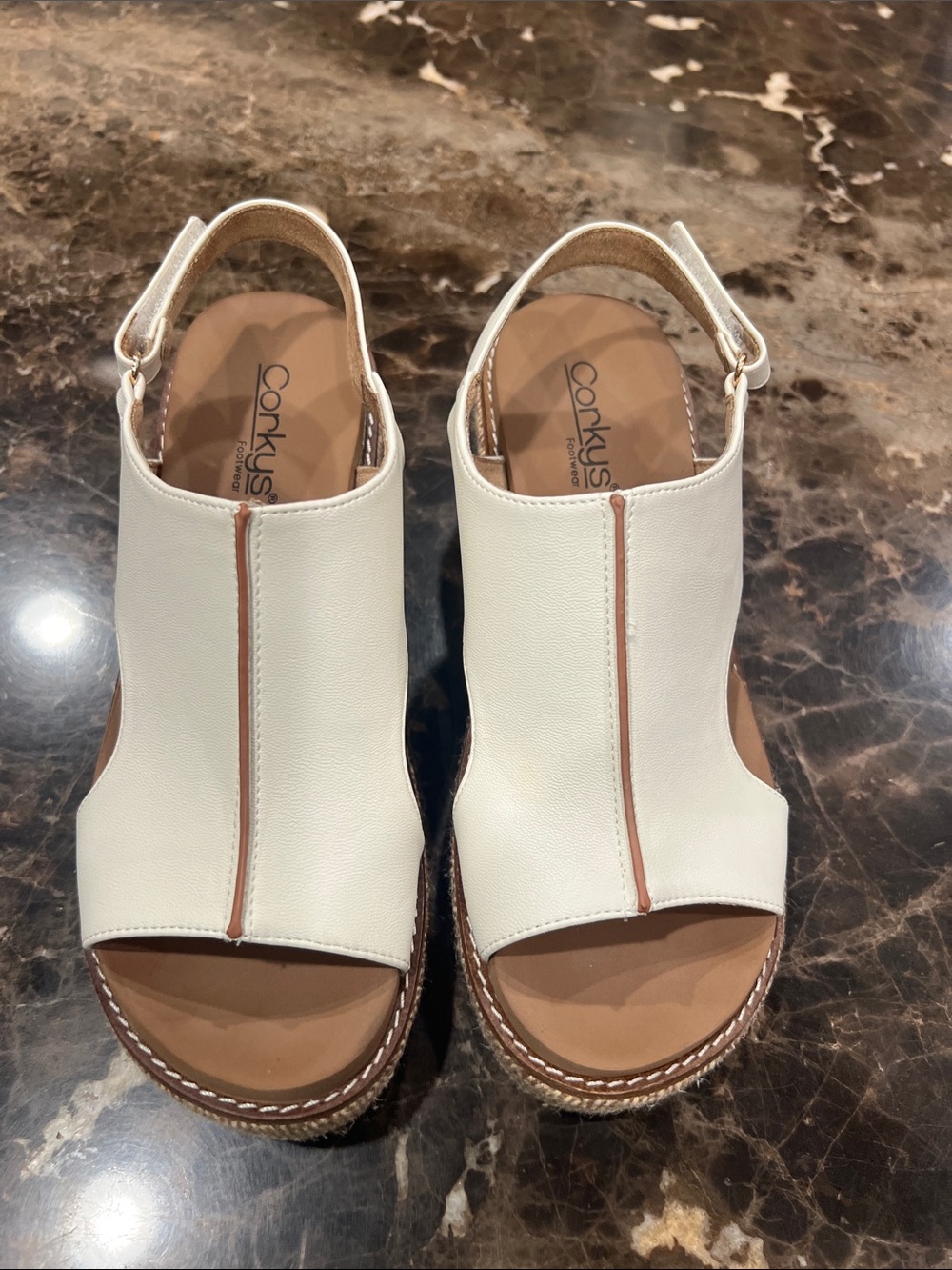 Corkys White and Tan Open-Toe Slingback Wedge Sandals